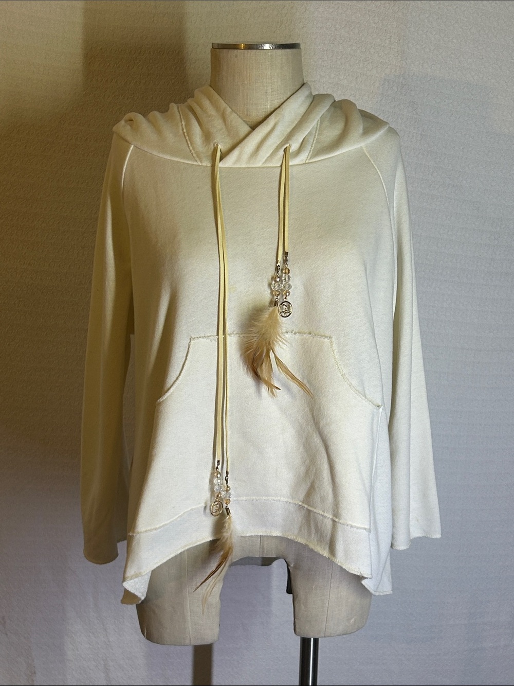 Charlies Cream Hooded Pullover with Feather & Bead Drawstrings